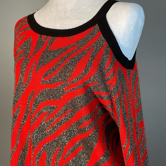 Willow Drive Red Black Silver Lg Holiday Sweater with an Asymmetrical Neckline - Picture 9 of 16